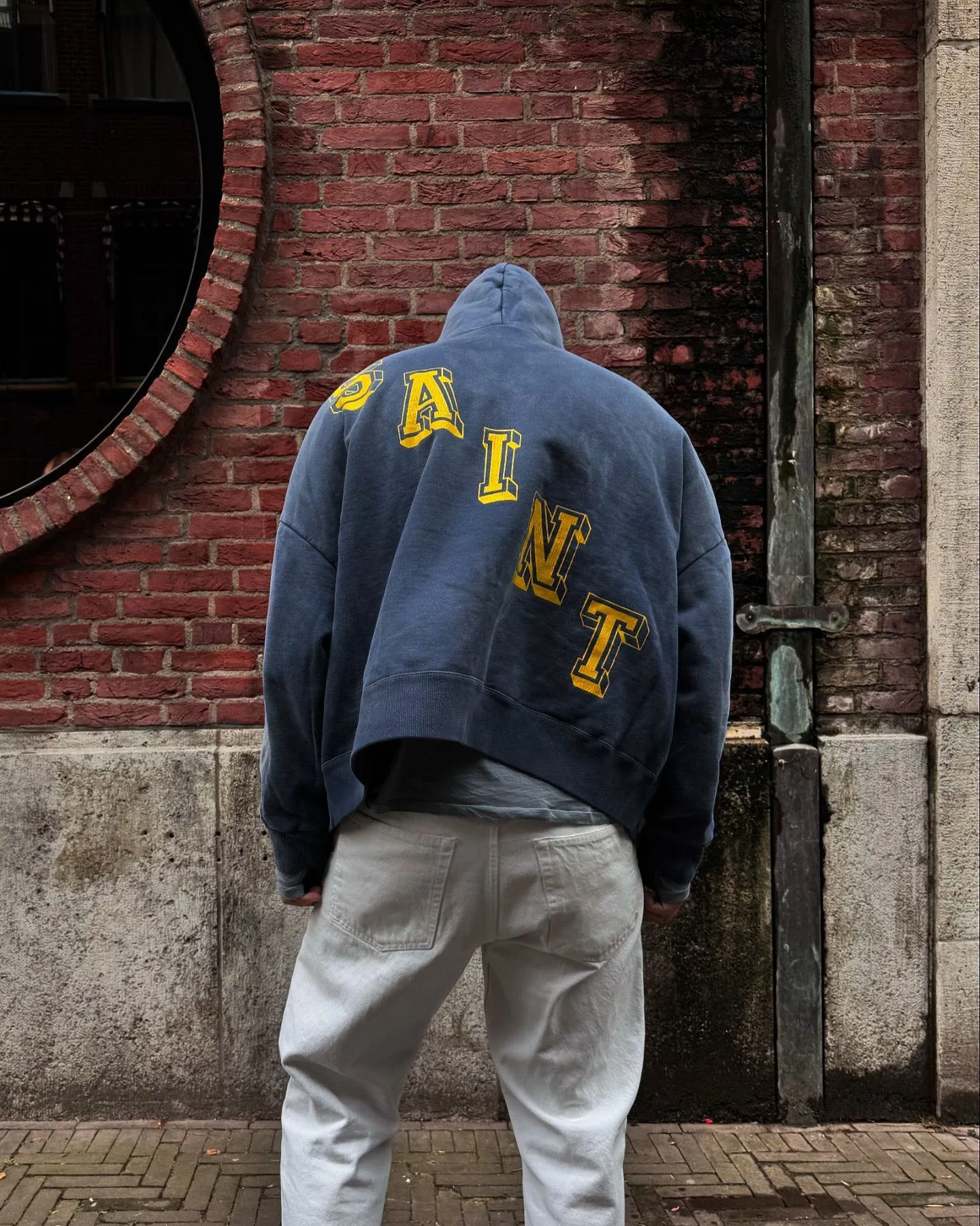 SAINT M×××××× ANGEL HOODIE/NAVY Angel Reborn Blue Hoodie Washed Blue S-XL Assute Garment Dyeing Full Clothes Water Fading Mud Dyeing Dirty Distress New Vintage Ceiling God Tailoring Original Super Loose Fit Customized Original Accessories God-level Print Restoration